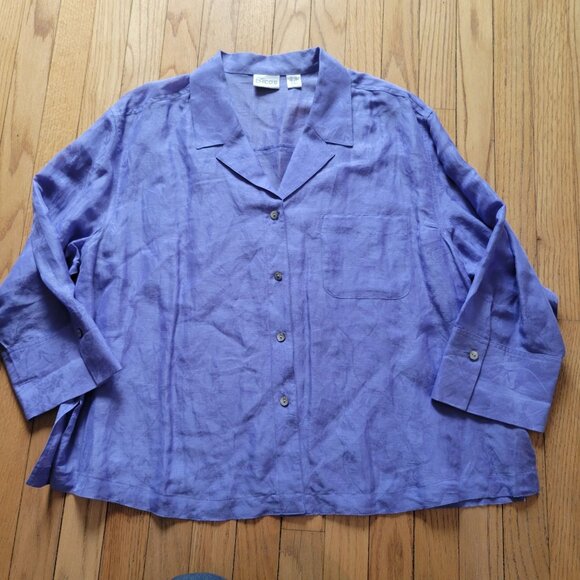Chicos Size 3 Light Purple Floral Jacquard Button-Front Linen Silk Blouse Xl - Picture 2 of 5
